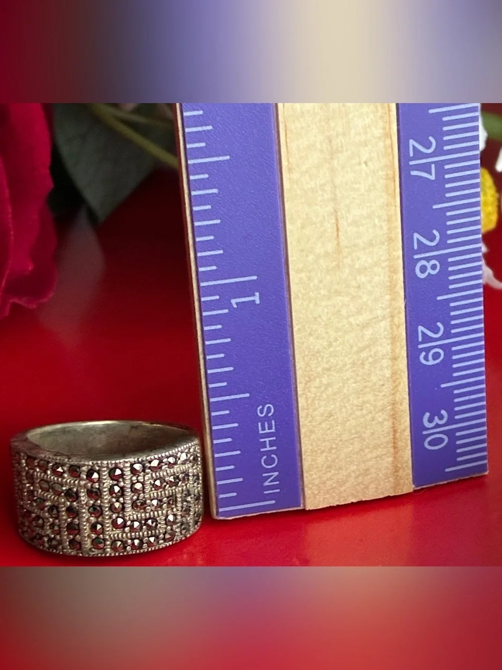 925 Sterling Silver Wide Band Ring with Black Marcasite Accents size 7”